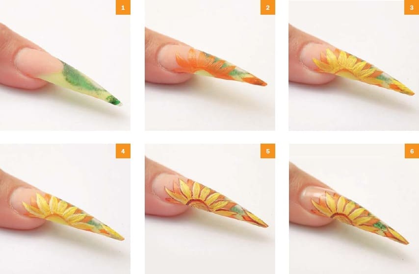 Пример пошагового дизайна стилет ногтей Подсолнухи